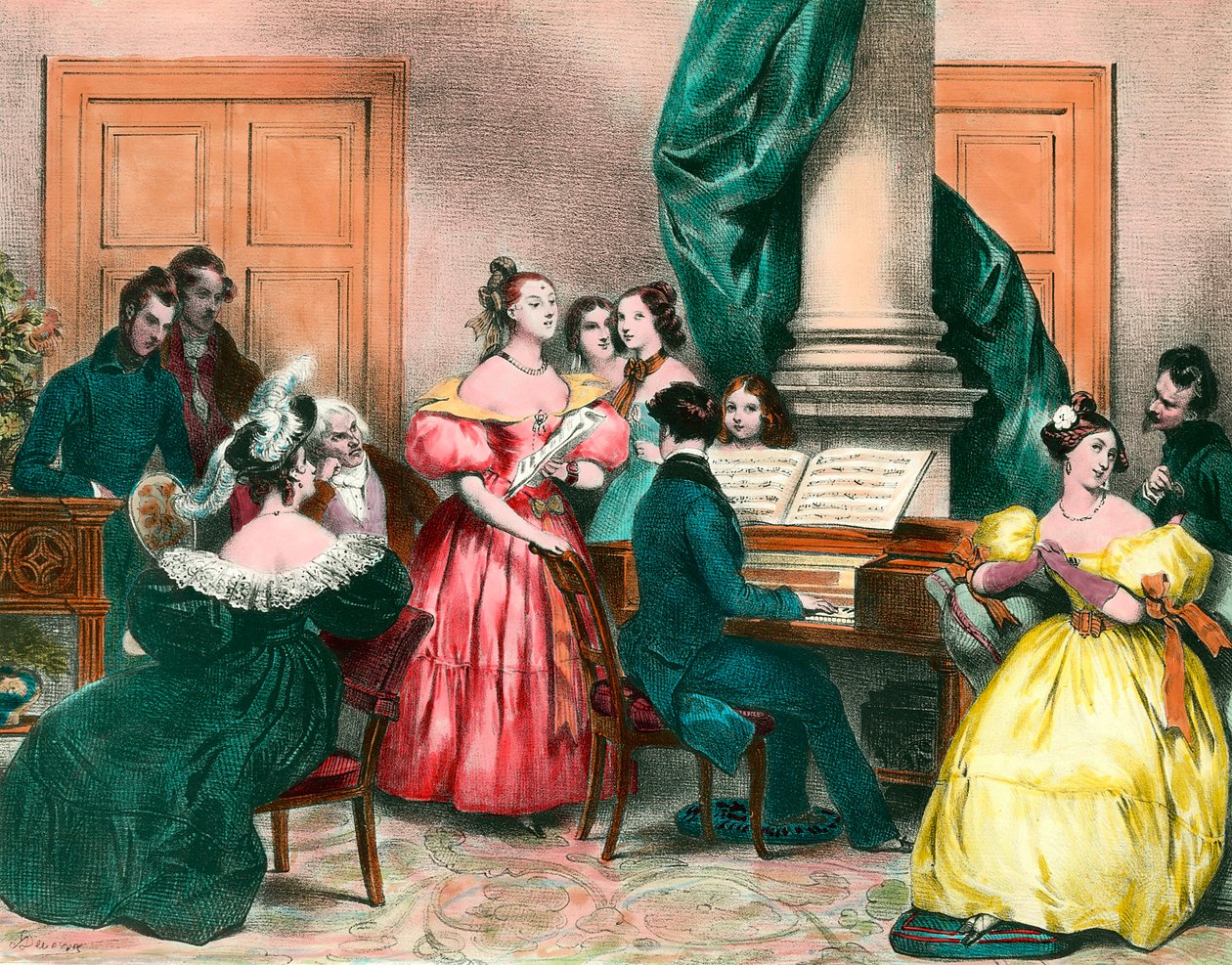 Zenés délután családi körben Achille Deveria (1800-1857) metszete: XIX. századi metszet. Magángyűjtemény alkotó: Achille Devéria
