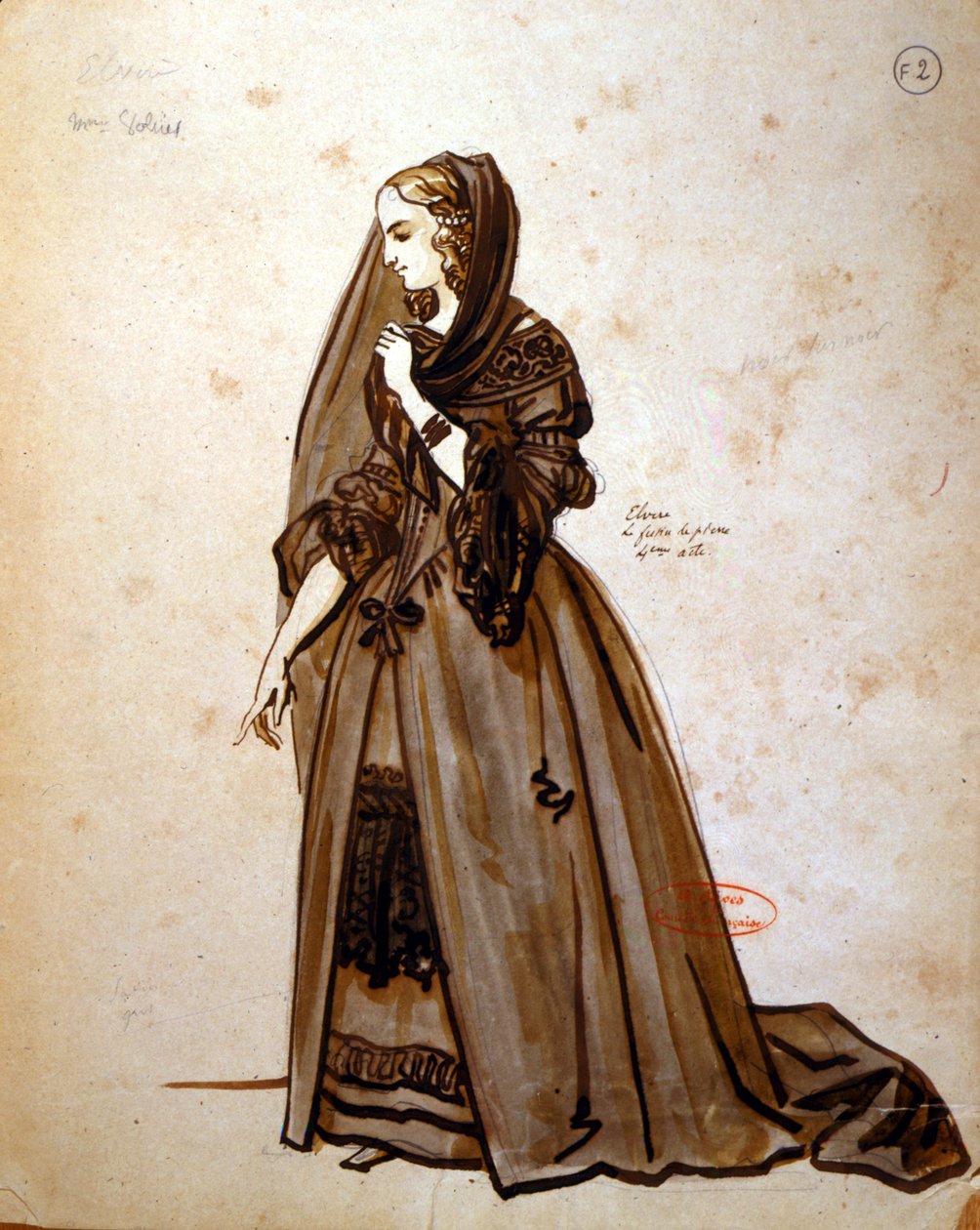 Jelmeztervezés Dona Elvire szerepére Moliere (1622-73) „Don Juan” című 1847-es produkciójában a Comedie Francaise-ban (toll, tinta és WC papíron) alkotó: Achille Devéria