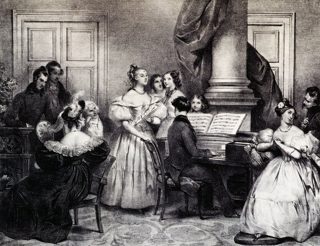 Családi koncert zongorával, Achille Deveria (1800-1857), metszet, Franciaország alkotó: Achille Devéria
