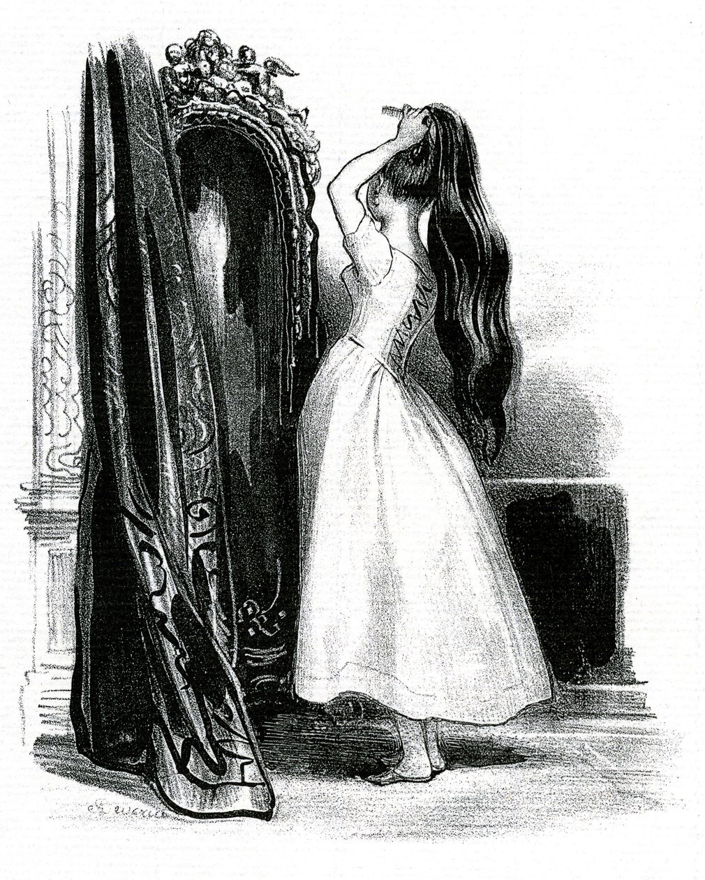 Madame Bovary Gustave Flaubert regényéhez – Emma Bovary a tükre előtt halmozza fel hosszú haját alkotó: Achille Devéria