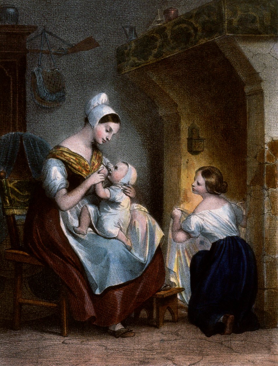 A dajka babát szoptat. Litográfia, 1850 körül alkotó: Achille Devéria