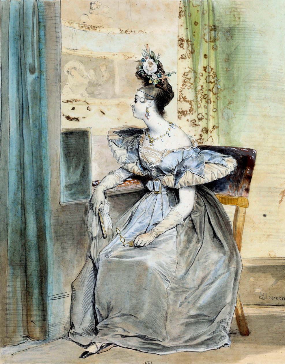 Marie Nodier portréja egy színházi páholyban 10 órakor. Apja, Charles romantikusok (Victor Hugo, Lamartine, Vigny, Dumas, Liszt) által látogatott irodalmi szalont tartott, és néhányuknak ő volt a múzsája. Achille Deveria metszet akvarellje (18 alkotó: Achille Devéria