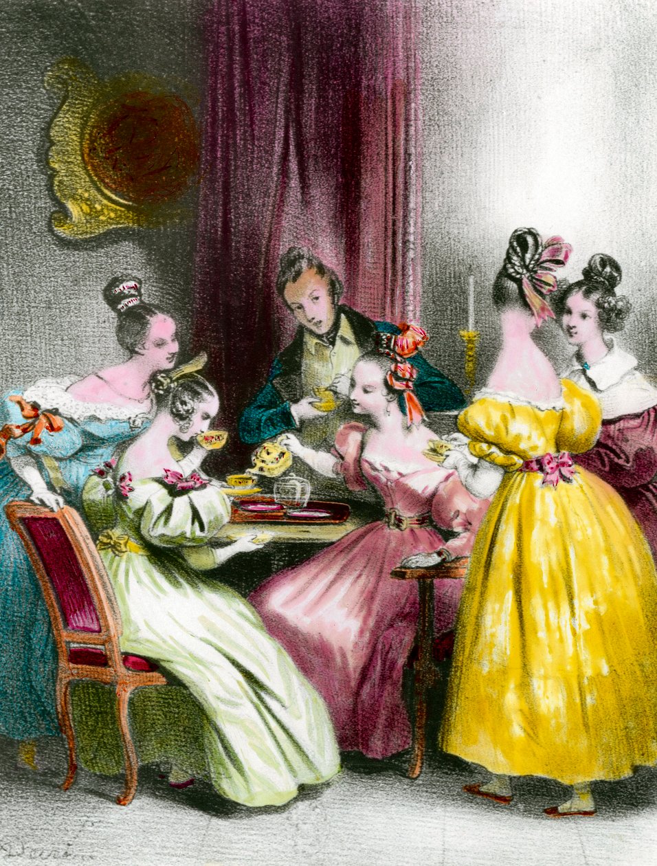 Egy délután a Salon de the under the Restauration print Achille Deveria (1800-1857) 19. századi magángyűjteményében alkotó: Achille Devéria