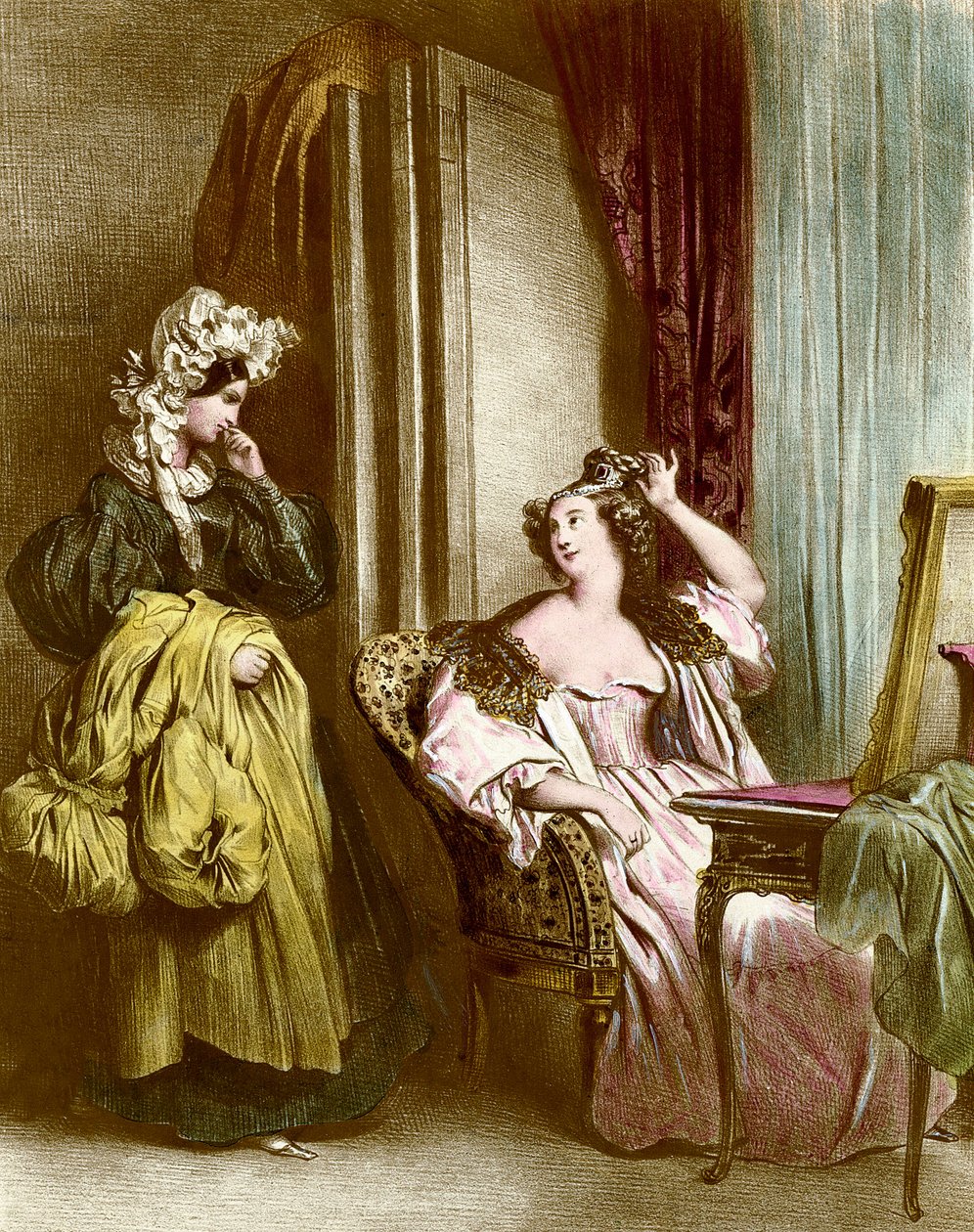 A WC: egy elegáns fiatal nő a szolgálólányával Litográfiája Achilles Deveria (1800-1857) 19. századi gyűjtemény Particuliere alkotó: Achille Devéria