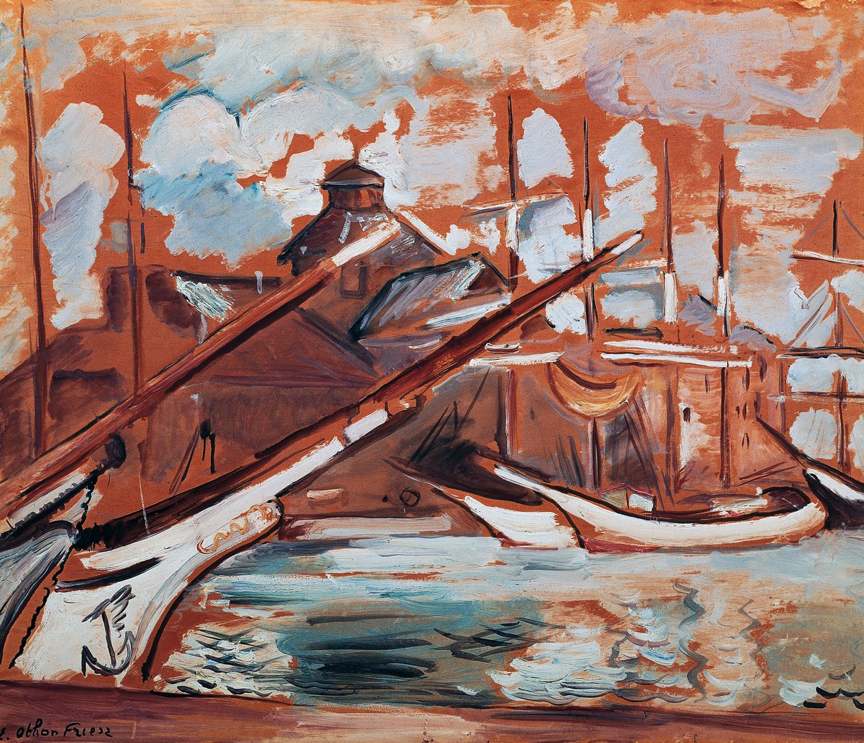 Kikötői jelenet, Othon Friesz (1879-1949), olaj, karton, 54x65 cm. Franciaország, XX. század. alkotó: Achille Emile Othon Friesz