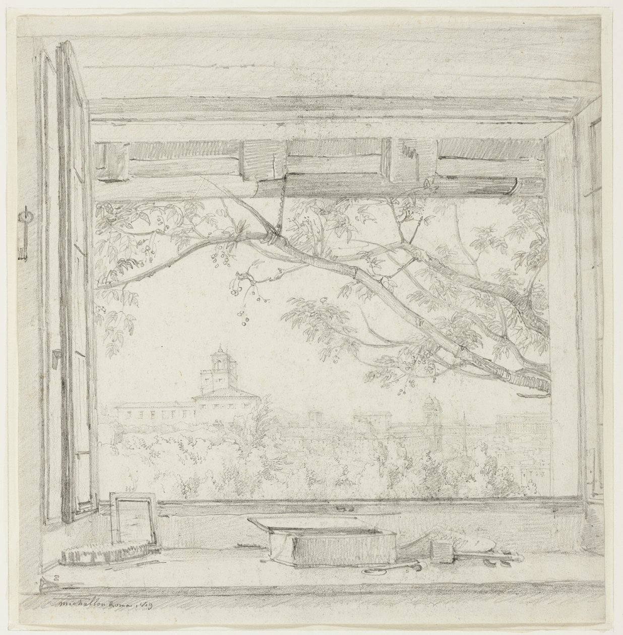 A Villa Medici és a Sta Trinità dei Monti látképe Ingres műterméből a római Pavillon San Gaetano-ban, Róma alkotó: Achille Etna Michallon