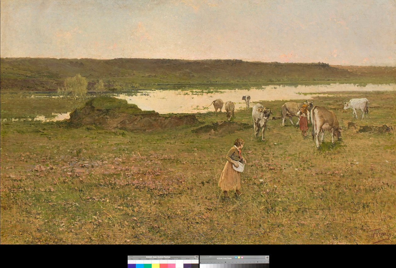 Sesto Calende közelében, Lombardia, Olaszország vagy "Legelés a síkságon" (Sesto Calende közelében, Olaszország vagy legelés a síkságon) Achille Formis (1832-1906) festménye 1887 Magángyűjtemény alkotó: Achille Formis Befani