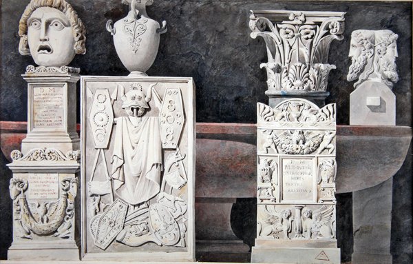 Ősi szobrok töredékei (grafit, mosás és akvarell papíron) alkotó: Achille Francois Leclere