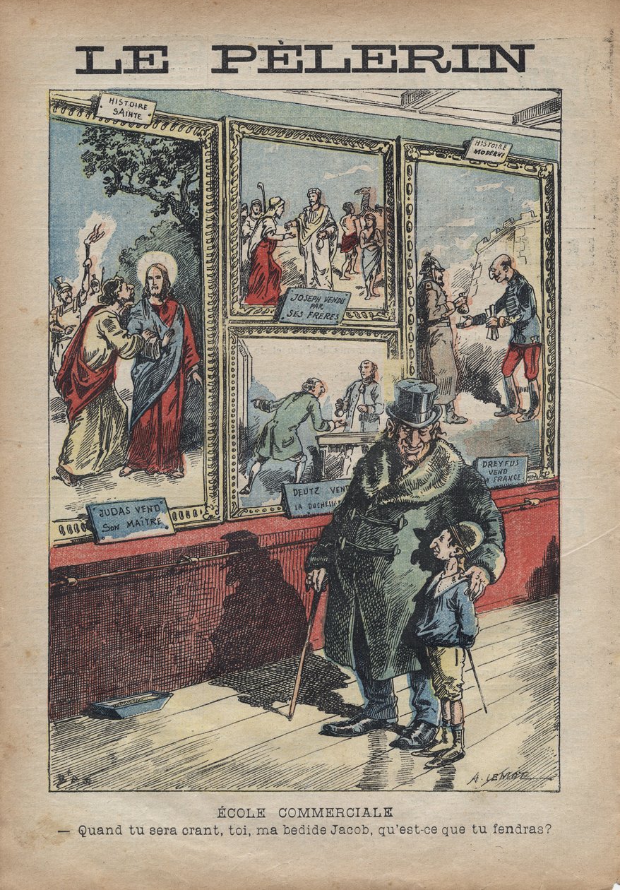 Antiszemita Achille Lemot rajzfilmje a „Le-Pelerin”-hez, 1896. szeptember – Kereskedelmi iskola: ha ösztöndíjas leszel, te, Jacob, az ágyam mellett, mit fogsz szétválasztani? alkotó: Achille Lemot