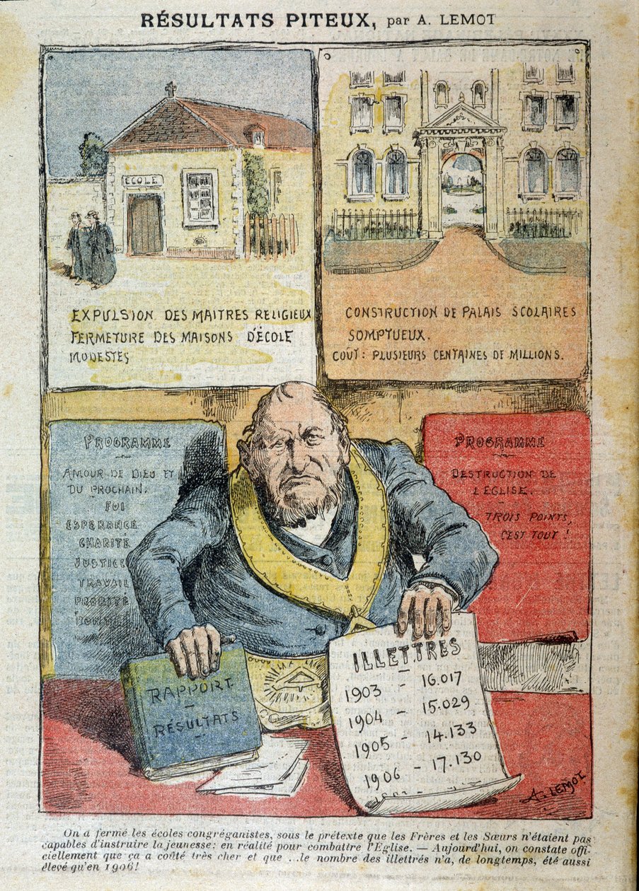 Rajzfilm a Laic és a magánoktatás ellentétéről – Achile Lemot (1846-1909), a „Le Pelerin” című filmben alkotó: Achille Lemot