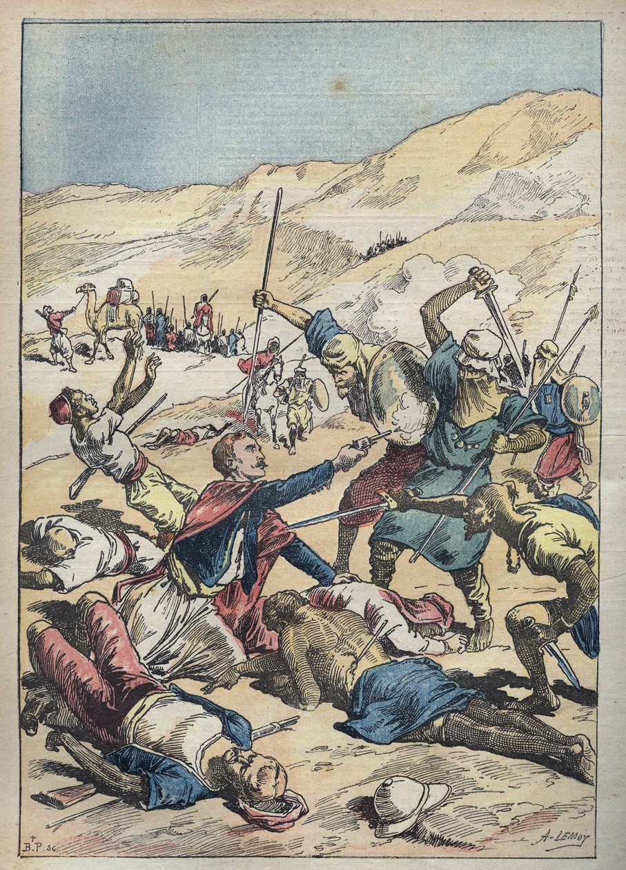 Mores márki (Antoine-Amedee-Marie-Vincent) Manca de Vallombrosa (1858-1896) és társai halála a tunéziai El-Ouatia (El Ouatia) közelében 1896-ban - Achille Lemot illusztrációja a Le-Pelerinben ” 1896. június alkotó: Achille Lemot