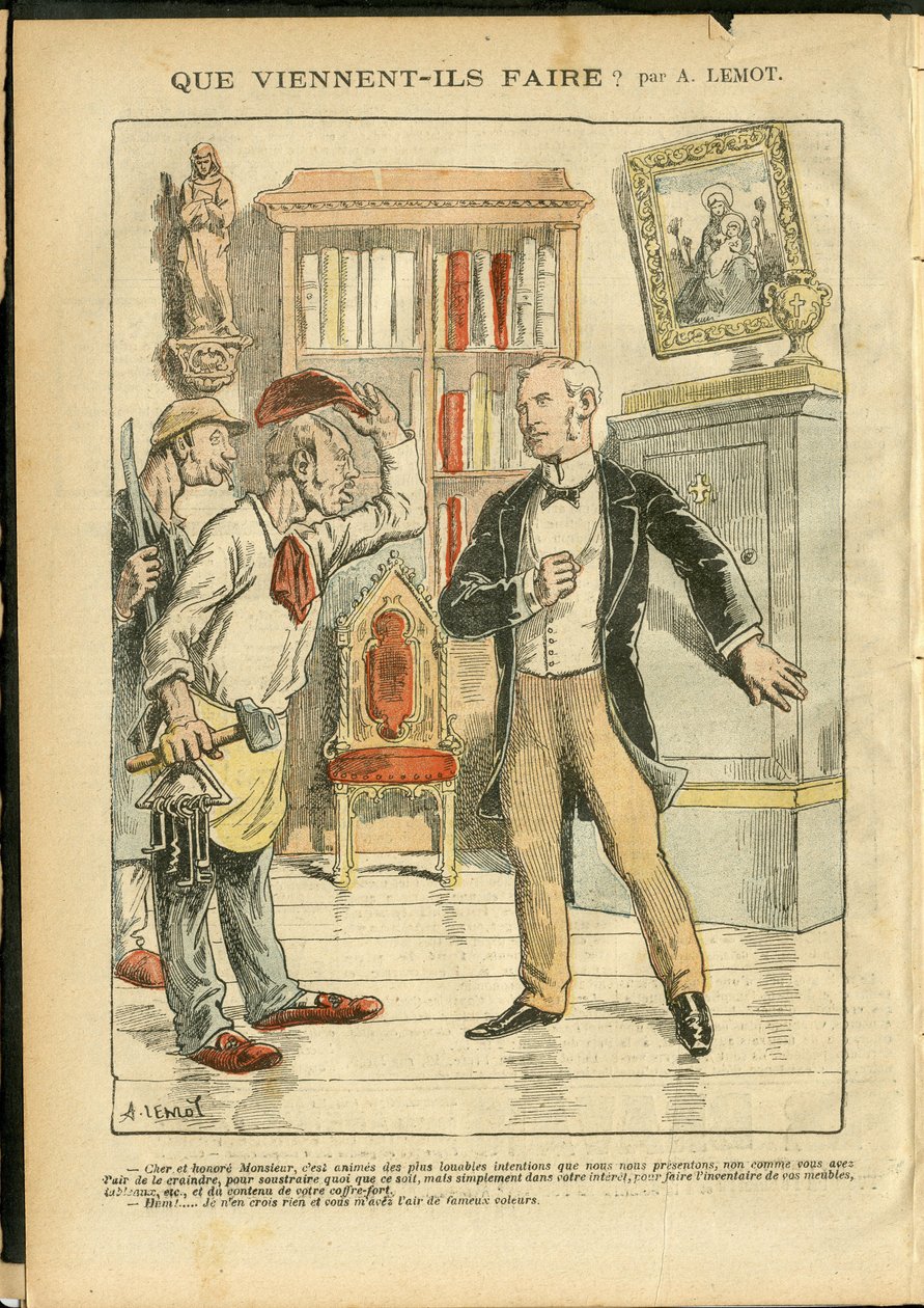 Illusztráció: Achille Lemot (1846-1909) a Le Pelerinben, 04/02/06 – Mit csinálnak? - Valláshit, katolikus katolicizmus - Egyház és állam szétválasztása, leltárak/reakciók a leltárokra alkotó: Achille Lemot
