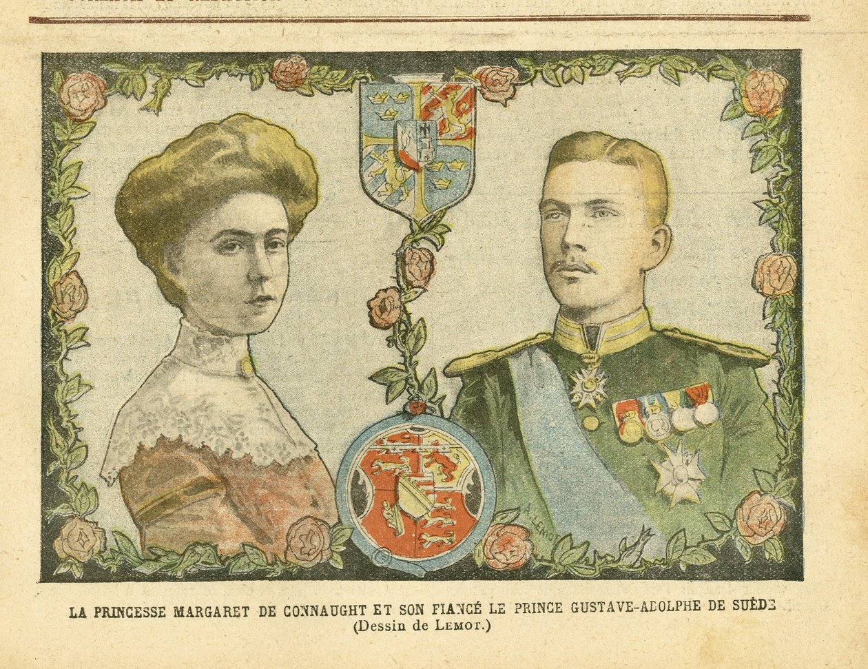Illusztráció: Achille Lemot (1846-1909) a Le Pelerinben, 2005.05.21. - Connaught Margit hercegnő és vőlegénye, Gustave-Adolphe svéd herceg - Monarchia, Érem, Külföldi szuverén, Svédország - De Connaught Margaret (1882-1920) , Gustave IV Adolphe of Svéd alkotó: Achille Lemot