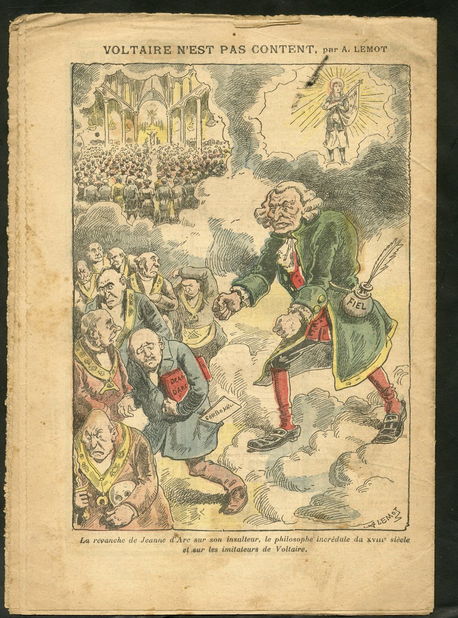 Illusztráció: Achille Lemot (1846-1909) a Le Pelerinben, 2009.04.25 - Voltaire nem boldog - Antimakonizmus, szabadulás, valláshit, katolikus katolicizmus - Laicite Laiques törvényei - Voltaire, Joan of Arc alkotó: Achille Lemot
