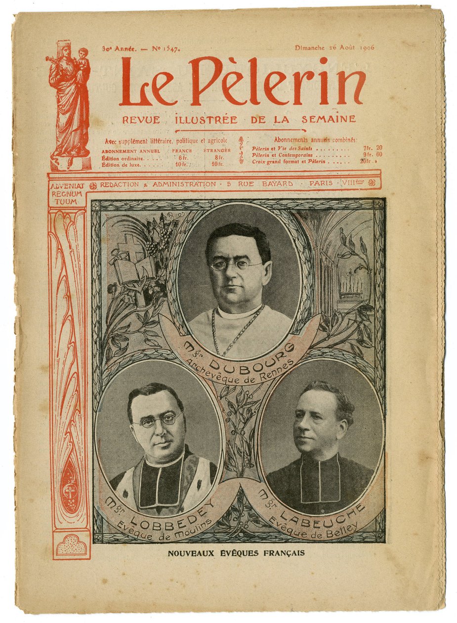 Achille Lemot (1846-1909) illusztrációja a Le Pelerin borítójára, 06.08.26 - Új angol Eveques - Valláshit, Katolikus Katolicizmus - Eveques alkotó: Achille Lemot