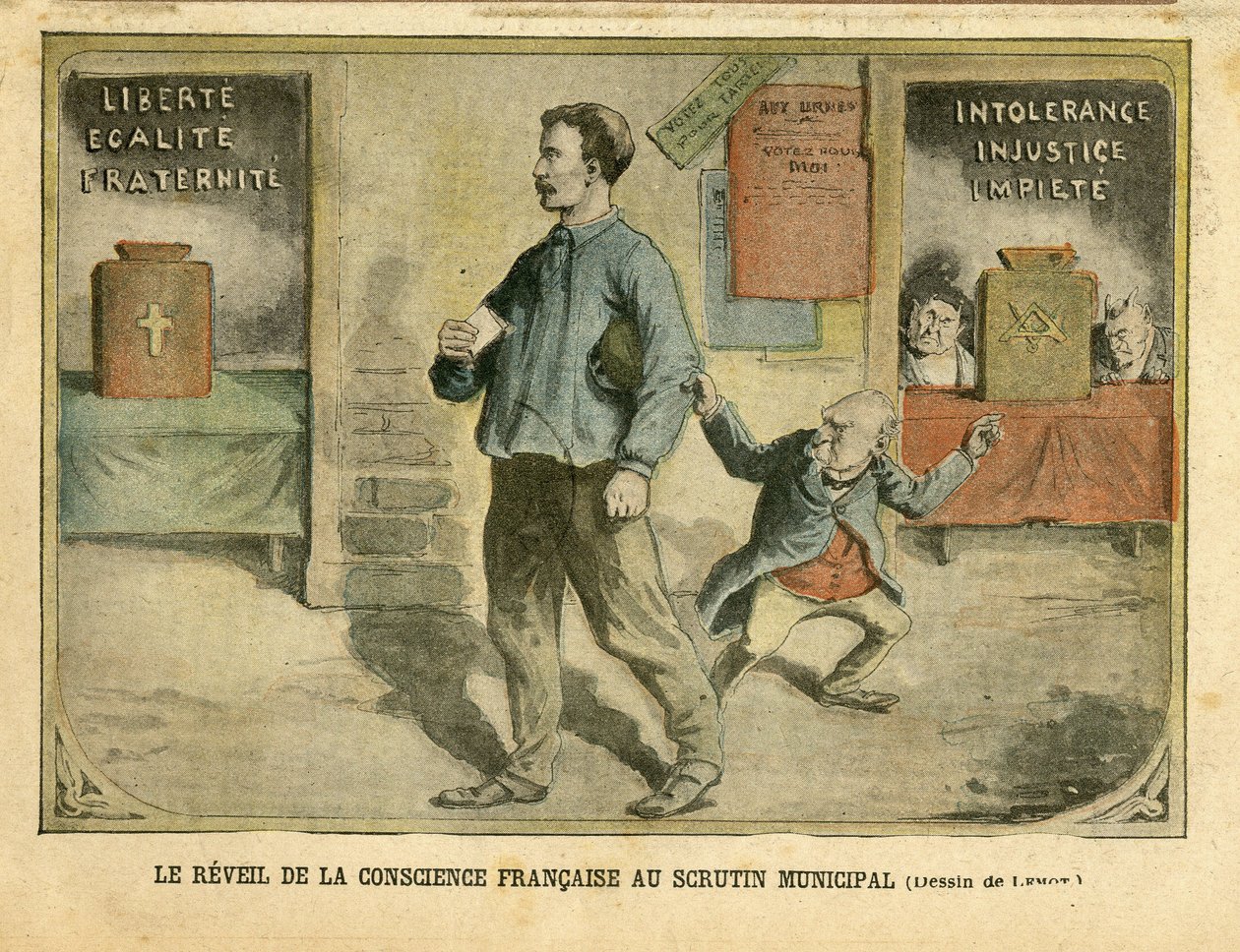 Illusztráció: Achille Lemot (1846-1909) Le Pelerinben, 01/05/04 - A francia lelkiismeret ébredése az önkormányzati szavazásra - Választások, Valláshit, Baloldali Blokk, Katolicizmus Katolikus - Laicite világi törvények - Combes Emile (1835) -1921), alkotó: Achille Lemot