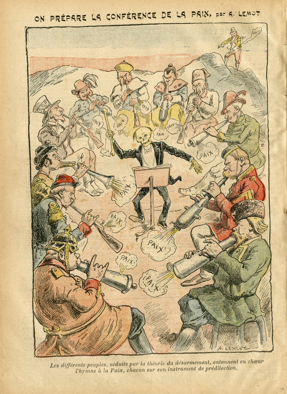 Achille Lemot (1846-1909) illusztrációja Le Pelerinben, 07.03.02 - Békekonferencia előkészítése - Oroszország, Németország Poroszország, Ázsia, Zene, Amerika USA USA, Anglia Nagy-Britannia, Kelet, Európa, Olaszország, Kína, Kanonok , kagylók, béke, tánc, F alkotó: Achille Lemot