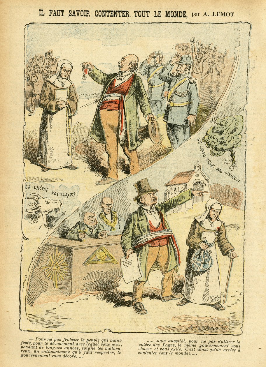 Illusztráció Achille Lemotról (1846-1909) a Le Pelerinben, 03.09.05 - Tudnod kell, hogyan kell mindenkinek a kedvében járni - Antiklerikalizmus, antimakonizmus, szabadulás, valláshit, érem, baloldali blokk, katolikus katolicizmus - vallási kilakoltatás, ál alkotó: Achille Lemot