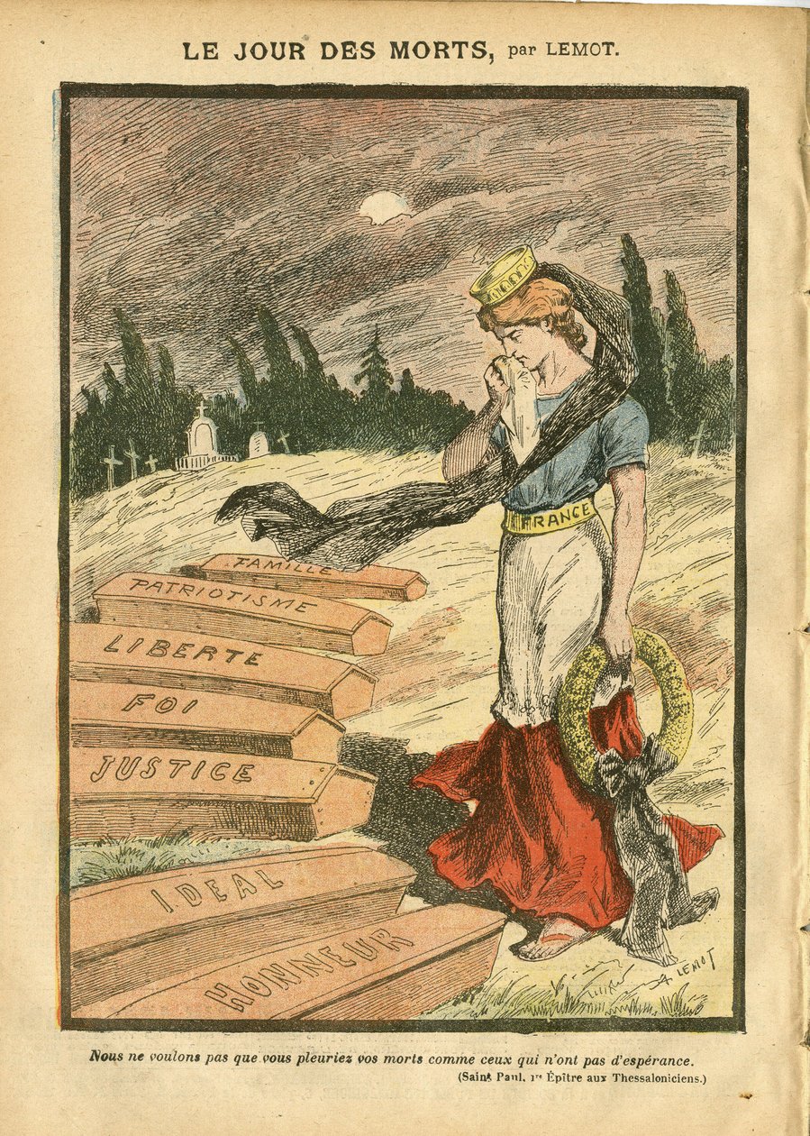 Illusztráció Achille Lemotról (1846-1909) Le Pelerinben, 07.11.03 - A halottak napja - Igazságszolgáltatás, Valláshit, Liberte, Franciaország, Háromszínű zászló, Hazafiság, Gyászoló temetés, Kitüntetés, Koporsó - Marianne - Halál, vallási metafora alkotó: Achille Lemot