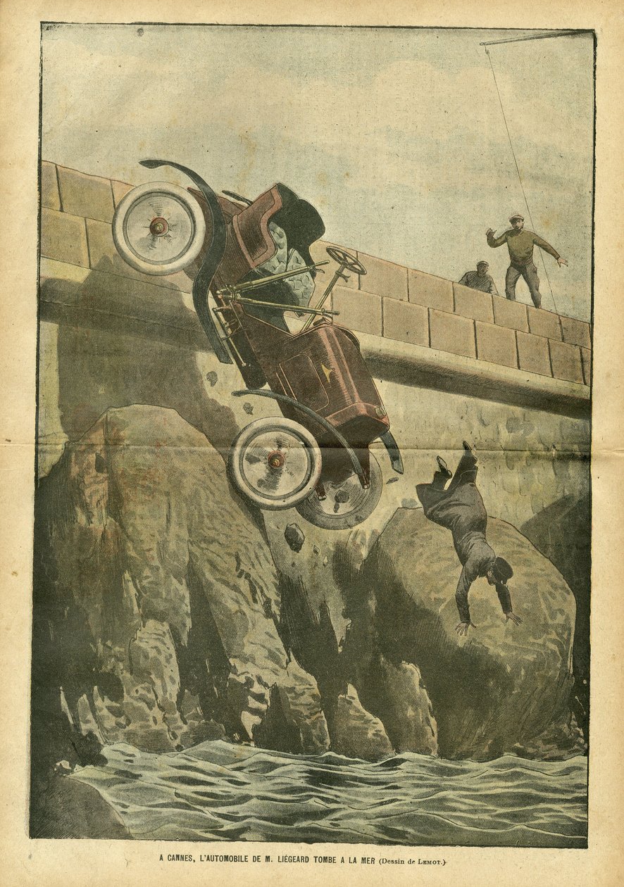 Illusztráció: Achille Lemot (1846-1909) Le Pelerinben, 2007.05.05 - Cannes-ban Liegard úr autója a tengerbe zuhan - Vegyes tények, autóipar, tengeri tengeri tengerpart, balesetek katasztrófák alkotó: Achille Lemot