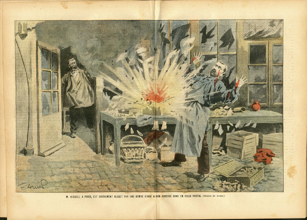 Illusztráció: Achille Lemot (1846-1909) Le Pelerinben, 05/08/06 - Courier La Poste, bomba - Postai faktor alkotó: Achille Lemot