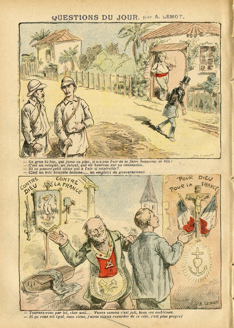 Illusztráció: Achille Lemot (1846-1909) a Le Pelerinben, 06.10.07 - A nap kérdése - Gyarmatosítás Gyarmatosítás Gyarmatosítás, Antimakonizmus Gyarmatosítás, Antimakonizmus Szabadalkotó, Valláshit, Ateizmus, Hazafiság, Száműzetés, Katolikus Katolicizmus - T alkotó: Achille Lemot