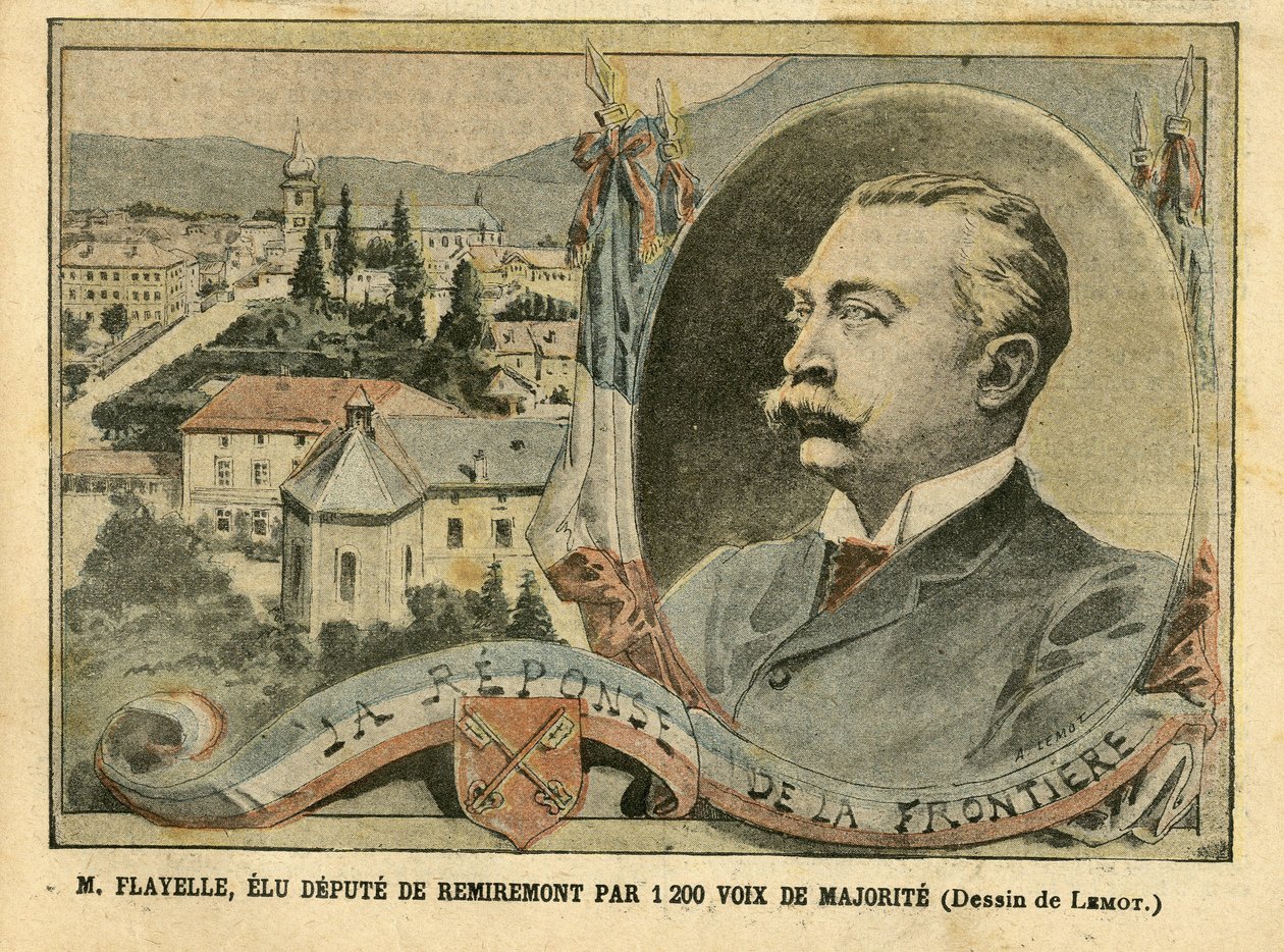 Illusztráció Achille Lemotról (1846-1909) Le Pelerinben, 04.02.07 - M. Flayelle, 1200 többségi szavazattal Remiremont képviselőjének választották - Elections, Elsace Lorraine, Chambre des deputes Hemicycle, Patriotisme, Vosges - Remiremonts, Helyettes, Fla alkotó: Achille Lemot