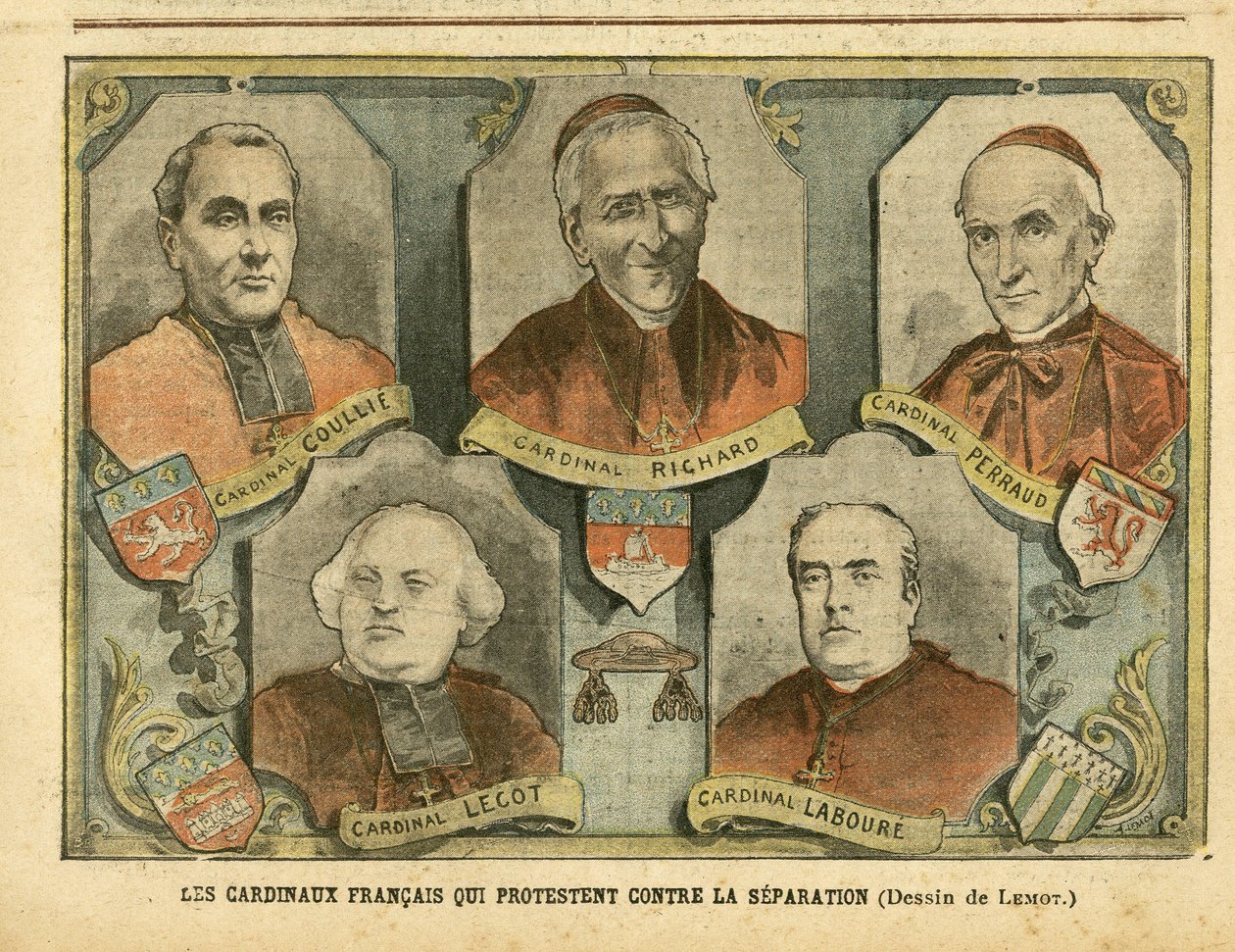 Illusztráció Achille Lemot-ról (1846-1909) a Le Pelerinben, 05.09.04 - Francia bíborosok, akik tiltakoznak az elválás ellen - Valláshit, katolikus katolicizmus - Egyház és állam szétválasztása - Richard Mgr (1819-1908), Perraud bíboros (1828) -1906), Lecot alkotó: Achille Lemot