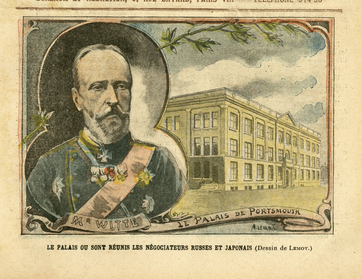 Illusztráció Achille Lemotról (1846-1909) Le Pelerinben, 05.08.20 - A palota, ahol az orosz és a japán tárgyalópartnerek újra egyesülnek - Oroszország, Japán, orosz-japán háború, Portsmouth - Witte Serge (1849-1915) alkotó: Achille Lemot
