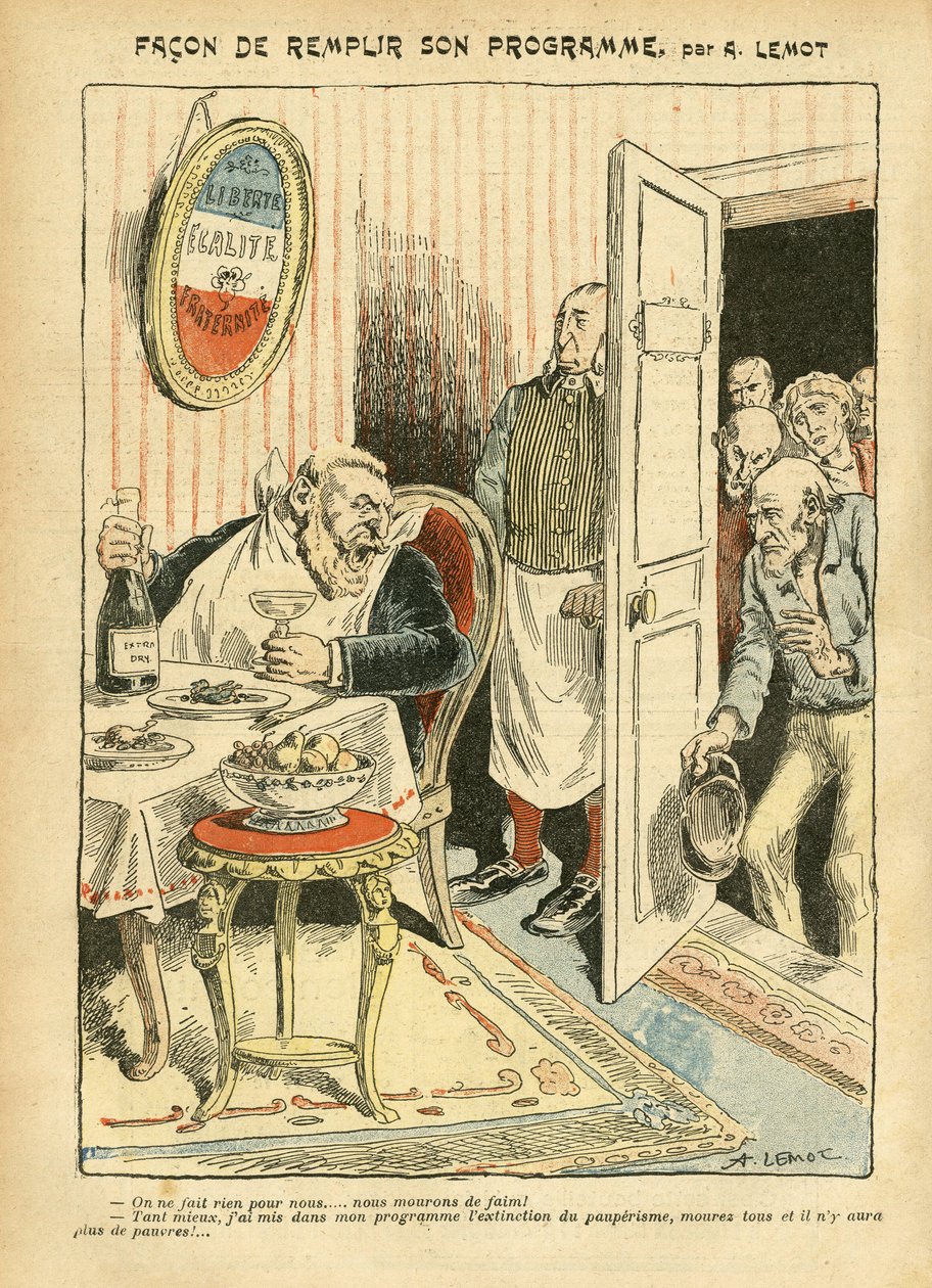Illusztráció Achille Lemotról (1846-1909) Le Pelerinben, 2005.07.23 - Hogyan teljesítsd a programját - Szociális, Misere, Gasztronómiai szakács, Szocializmus - Jaures Jean, Depute, Homemans - Élelmiszer-metafora, Ellenzék/Egyesület alkotó: Achille Lemot