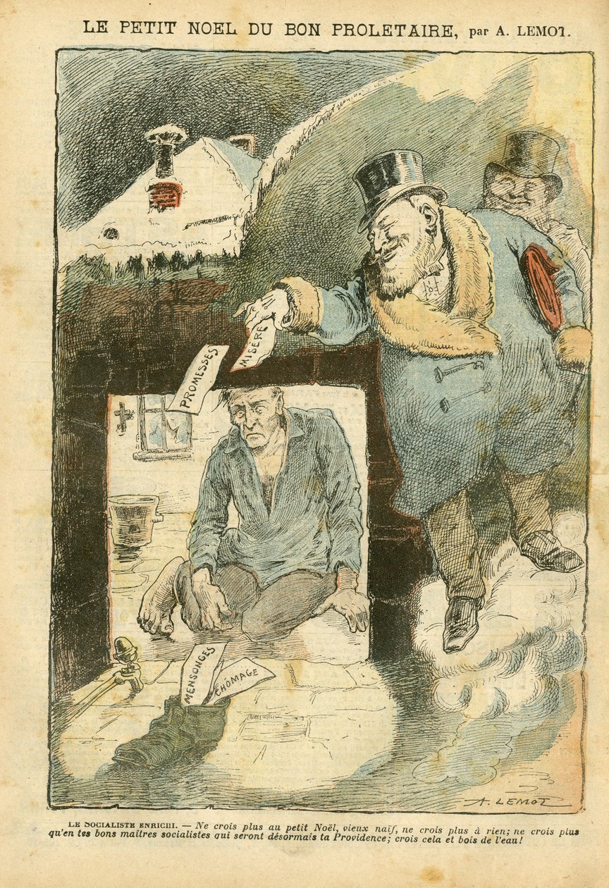 Achille Lemot (1846-1909) illusztrációja a Le Pelerinben, 04.12.25 - A jó proletár karácsonya - Választások, nyomorúság, tél, gazdagok élete, szocializmus - munkás, nyomorult, szegény, SDF - ellenzék/szövetség alkotó: Achille Lemot