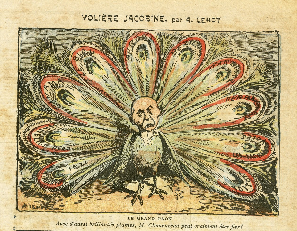 Illusztráció: Achille Lemot (1846-1909) Le Pelerinben, 01/26/08 - Jakobinus madárház - Bloc des lefts, Borválság Revolte des vignerons, Narbonne, Beziers, Aurore (napló) - Clemenceau George, Páva, - Állatosítás alkotó: Achille Lemot