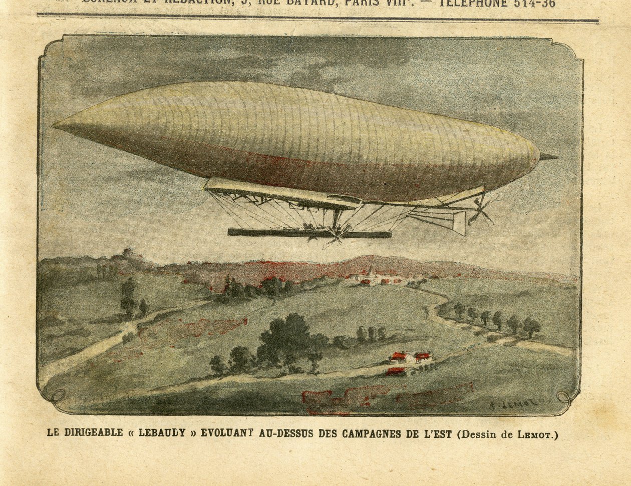Illusztráció Achille Lemotról (1846-1909) Le Pelerinben, 2005.11.26. – A „Lebaudy” léghajó a keleti vidék felett fejlődik – Kampány, Léggömbök léghajók Zeppelin repülőállomás, Lebaudy alkotó: Achille Lemot