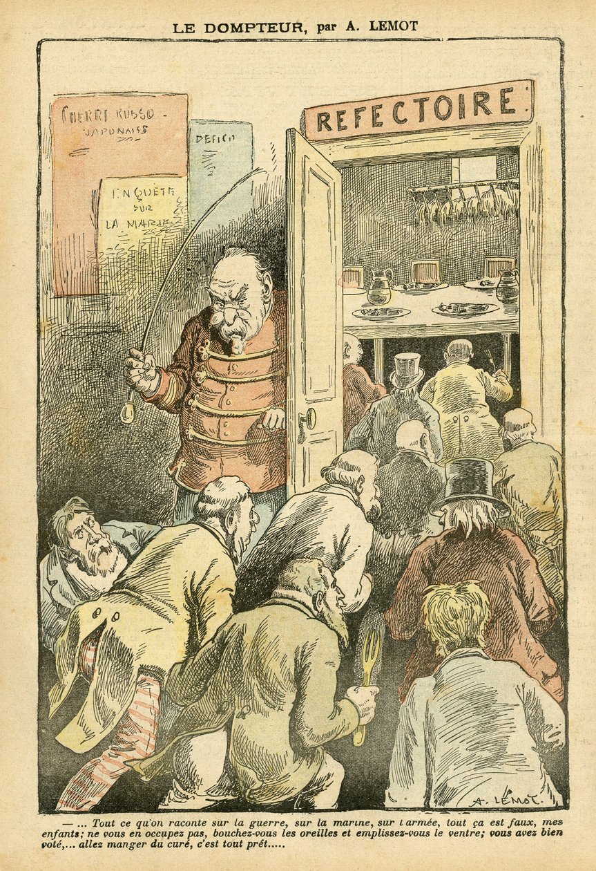 Illusztráció: Achille Lemot (1846-1909) Le Pelerinben, 04.03.27 - A szelídítő - Éttermi kávézók, Gasztronómiai szakács - Combes Emile (1835-1921), Tamer - Étel metafora alkotó: Achille Lemot