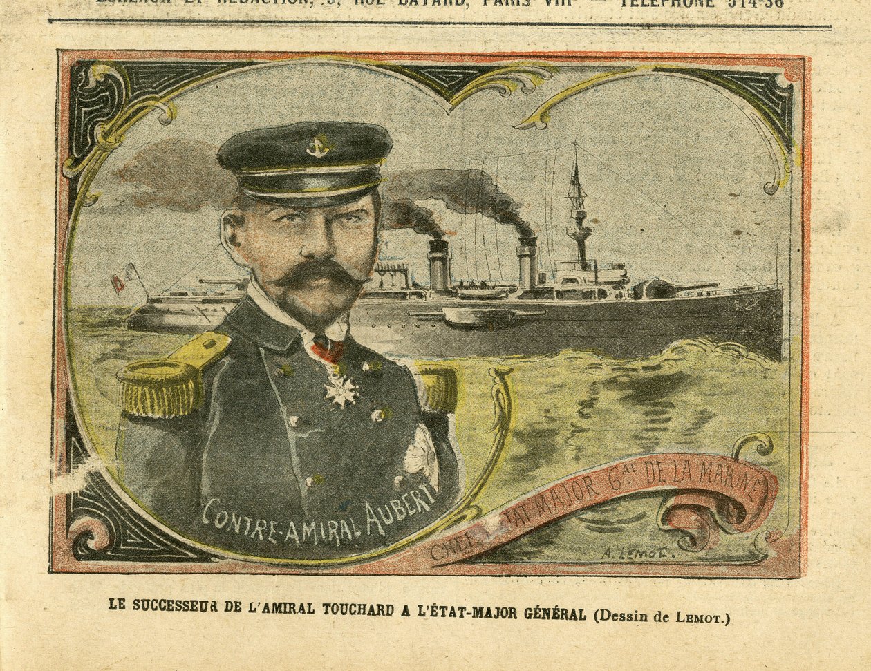 Illusztráció: Achille Lemot (1846-1909) Le Pelerinben, 2005.08.27. – Touchard admirális utódja a vezérkarban – Armee, Marine Marine Balneaire, hadihajók – Admiral Admirals, Aubert Marie Jacques Charles (1848-1919) ), Touchard Philippe (18 alkotó: Achille Lemot