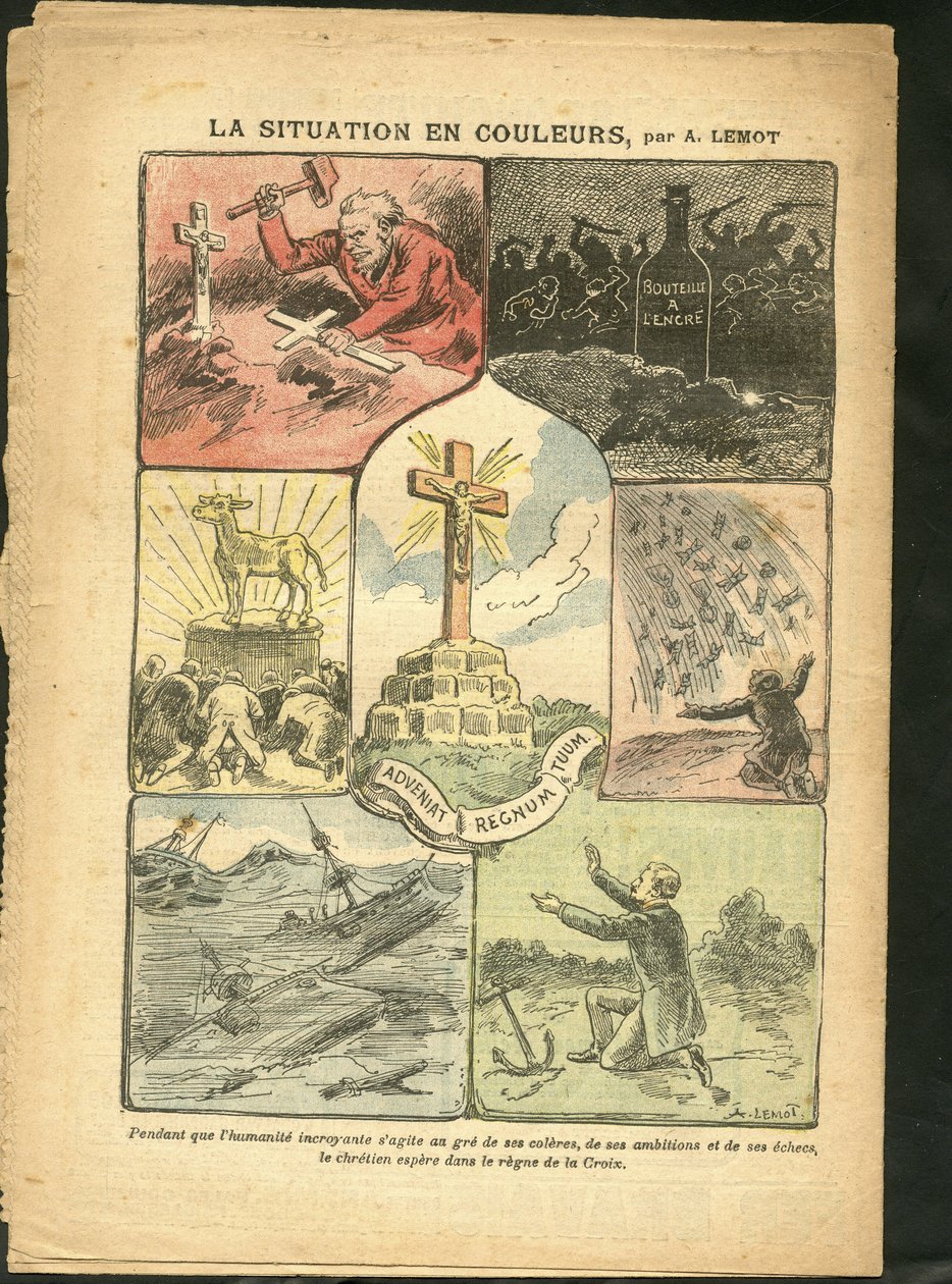 Illusztráció Achille Lemotról (1846-1909) Le Pelerinben, 2009.02.28. - Színes helyzet - Vallás, Hit, Tengerparti Tengerpart, Ateizmus, Balesetek Katasztrófák, Természeti Katasztrófa, Keresztény Kereszt, Katolikus Katolicizmus - Aranyborjú alkotó: Achille Lemot
