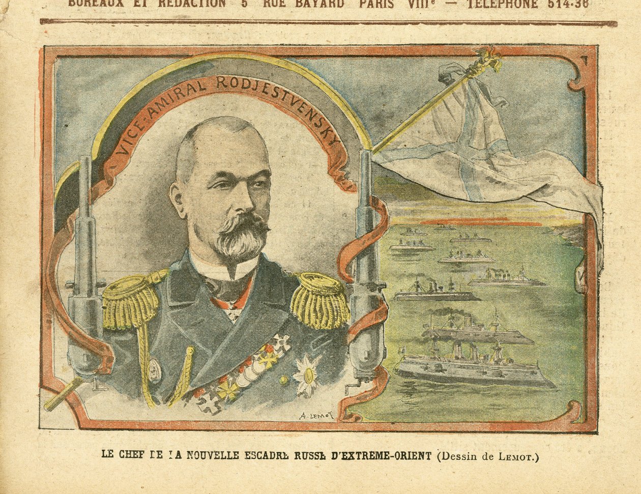 Achille Lemot (1846-1909) illusztrációja a Le Pelerinben, 30/04/05 - Az új orosz távol-keleti hajóraj vezetője - Oroszország, hadsereg, haditengerészet, tengerpart, hadihajók - Admirálisok, Rodjestvensky (Zinovi Rozhestvensky) Admirálisok, Rodjestvensky (Z alkotó: Achille Lemot