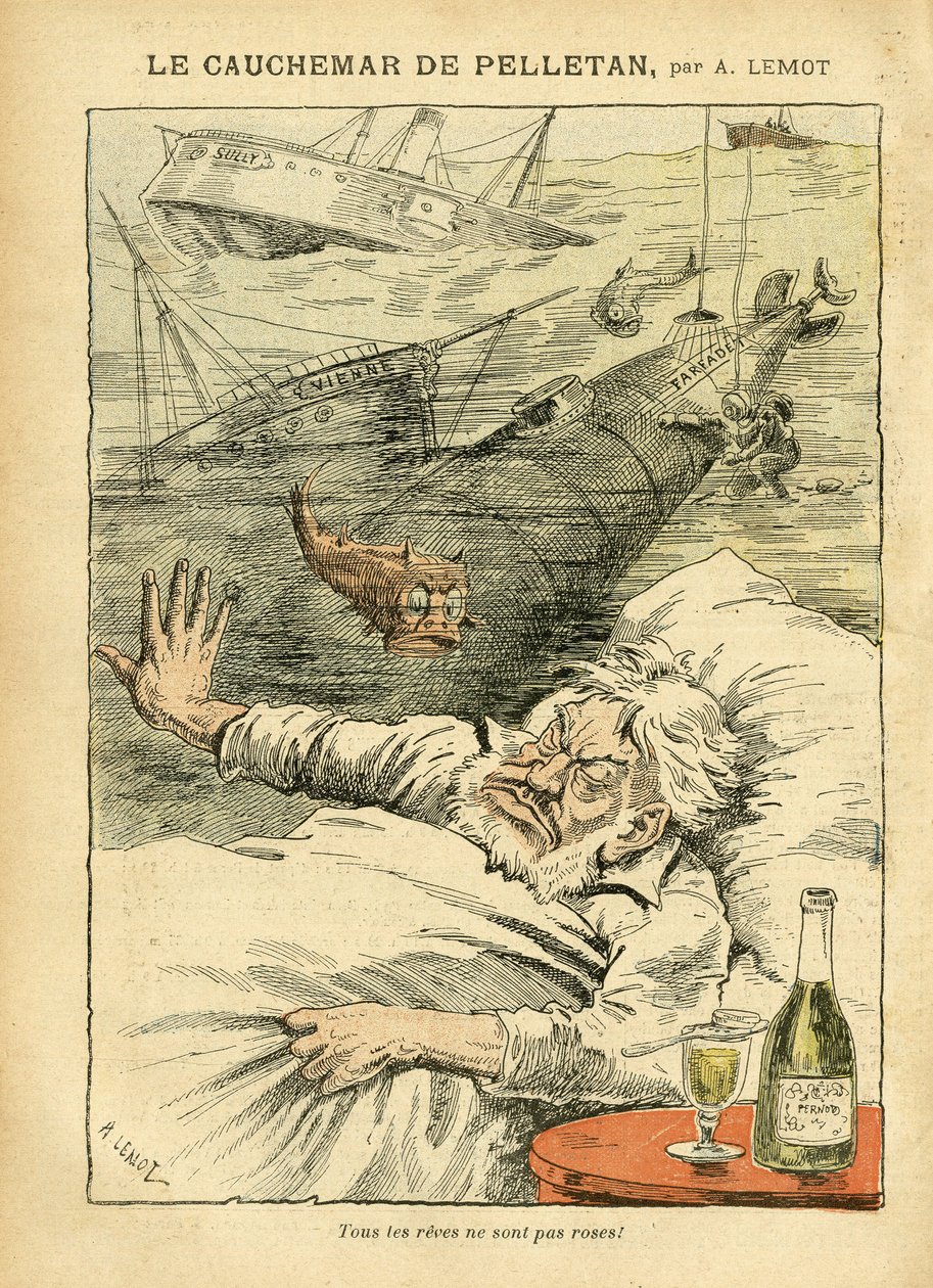 Illusztráció: Achille Lemot (1846-1909) a Le Pelerinben, 05.07.30 - Pelletán rémálma - Különféle tények, Armee, Tengeri tengeri tengeri tengerpart, Tengeralattjáró, Katasztrófa-balesetek, Alkoholos Alkoholos Alkoholos, Farfadet, Hadihajók - Sully , Pelletá alkotó: Achille Lemot