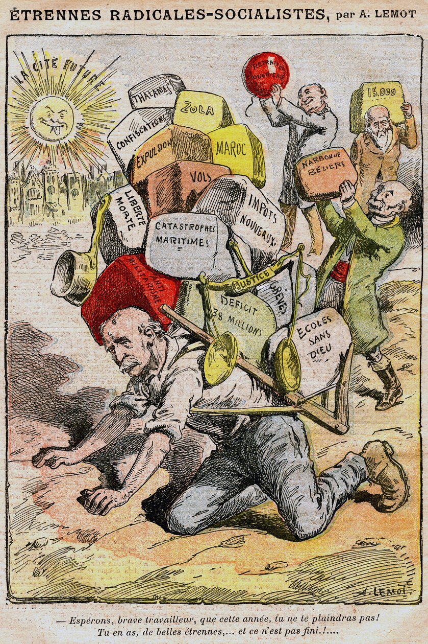 Radikálszocialisták (szocialista radikálisok): Achille Lemot (1846-1909) karikatúrája a Le Pelerinben (1909) - egy munkás összeomlik a kormány és Georges Clemenceau rossz gazdálkodásából eredő adók, illetékek és kellemetlenségek terhe alatt - sztrájkok, d alkotó: Achille Lemot