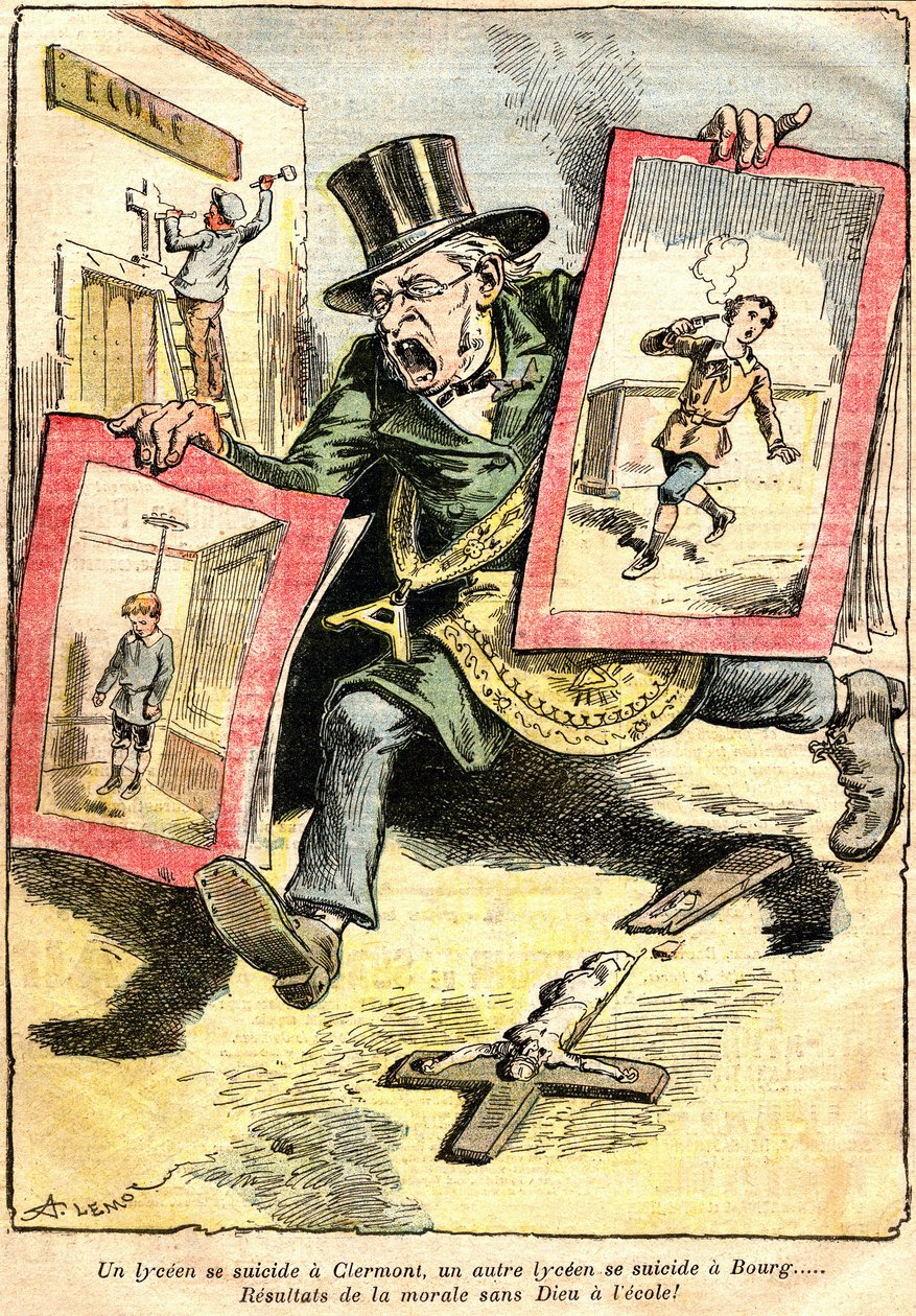 Az eredmények: egy licén öngyilkossága Clermontban, egy másik Bourgban: az erkölcs eredményei Isten nélkül az iskolában! - Achille Lemot (1846-1909) rajzfilmje Le Pelerinben (1909) - a Laique és a vallási tanítás (katolikus) ellenállása - a köztársaság tis alkotó: Achille Lemot