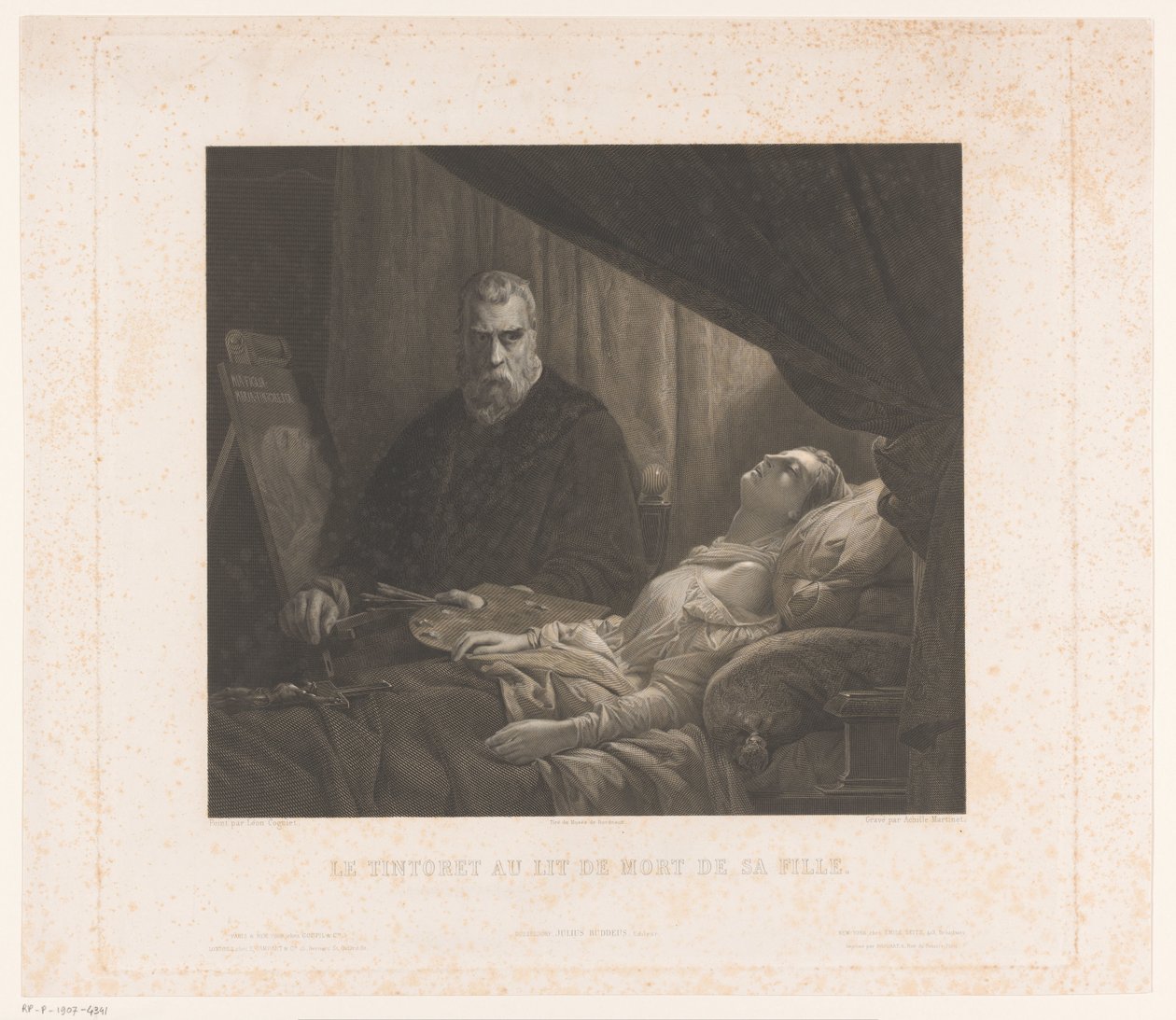 Az Il Tintoretto lányát a halálos ágyán ábrázolja Le Tintore au lit de mort de sa fille (cím a tárgyon) alkotó: Achille Louis Martinet