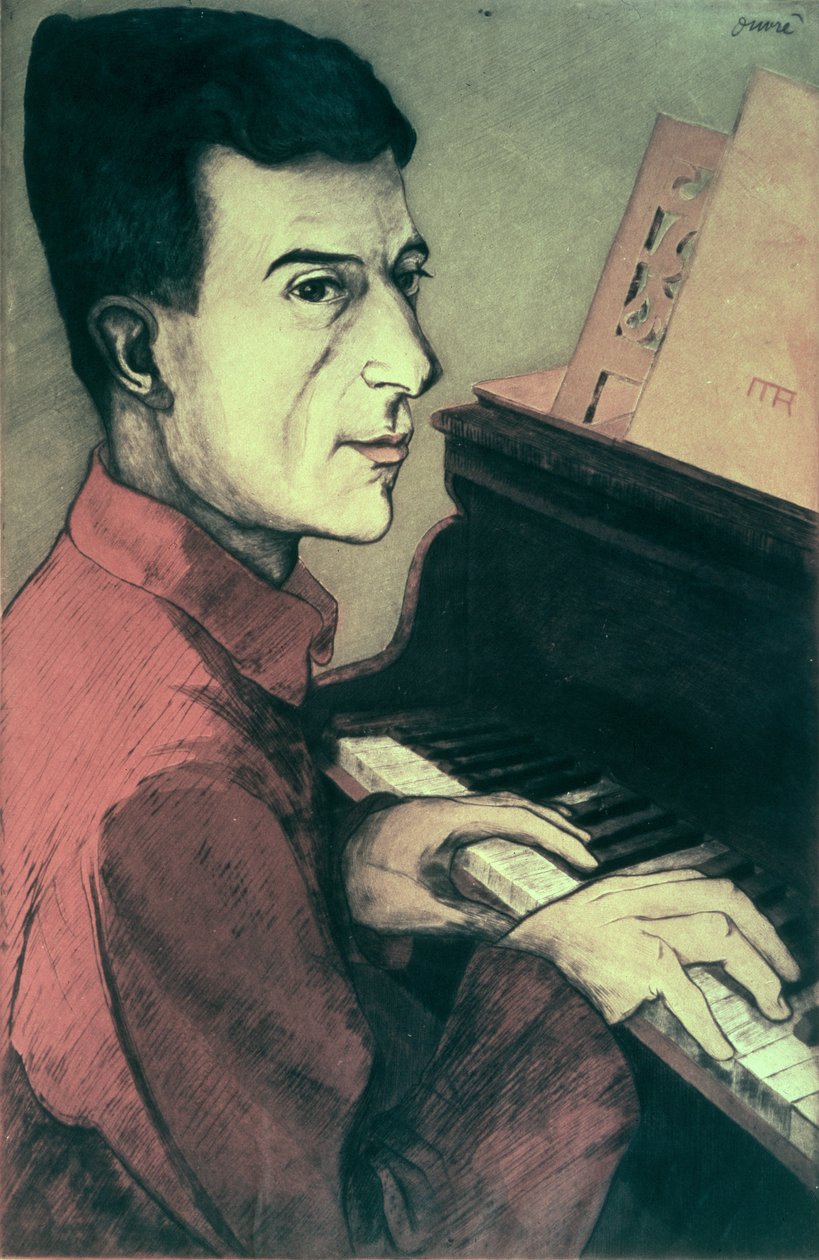 Maurice Ravel zongorán játszó portréja alkotó: Achille Ouvré