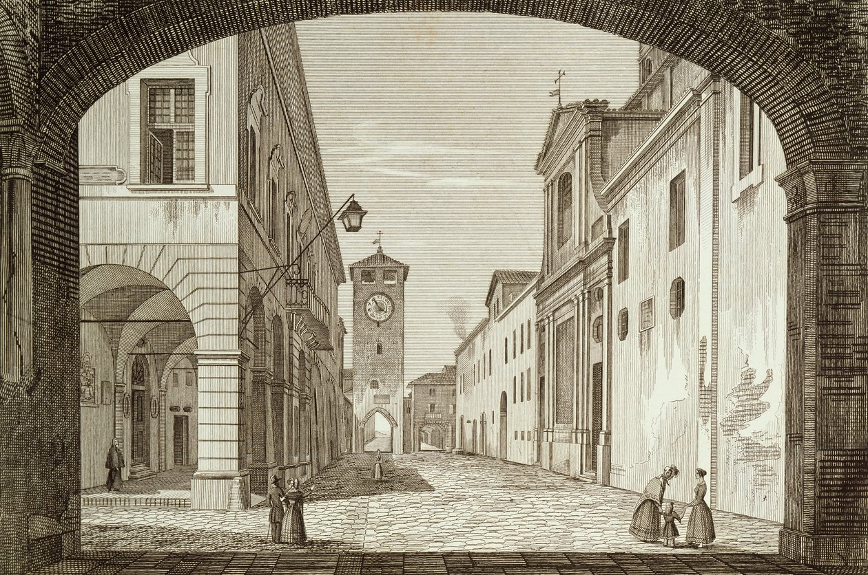 Kilátás a Castel Bolognese térre a ravennai követségben, metszett Achille Parboni (1783-1841), Olaszország alkotó: Achille Parboni