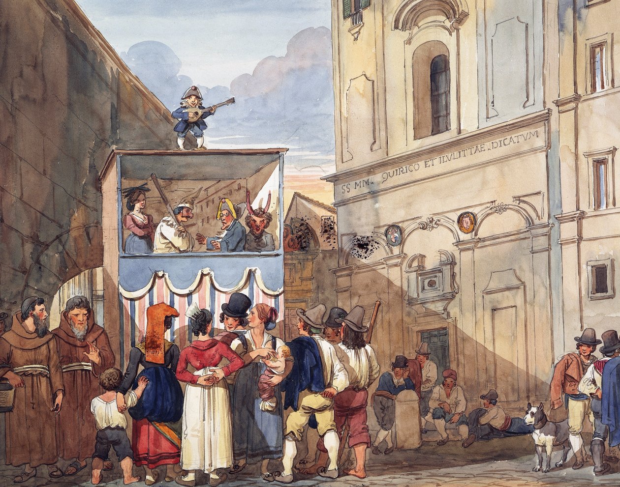 Bábszínház a római Szent Quirico és Giuditta templomban, Achille Pinelli (1809-1841), akvarell, részlet, Olaszország alkotó: Achille Pinelli