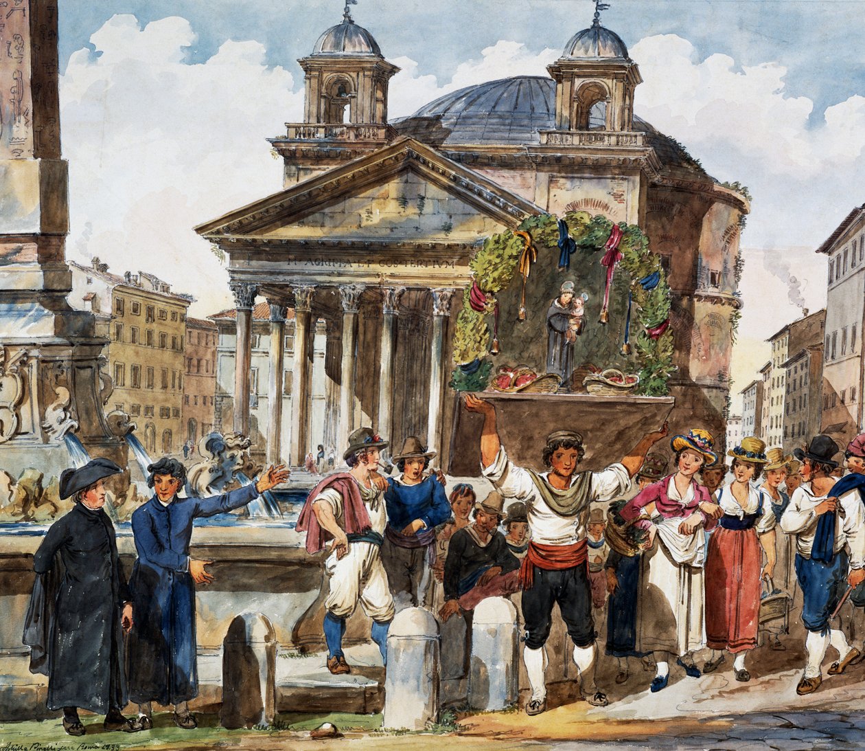 Eperfesztivál a római Pantheonban, Achille Pinelli (1809-1841) akvarellje, Olaszország alkotó: Achille Pinelli
