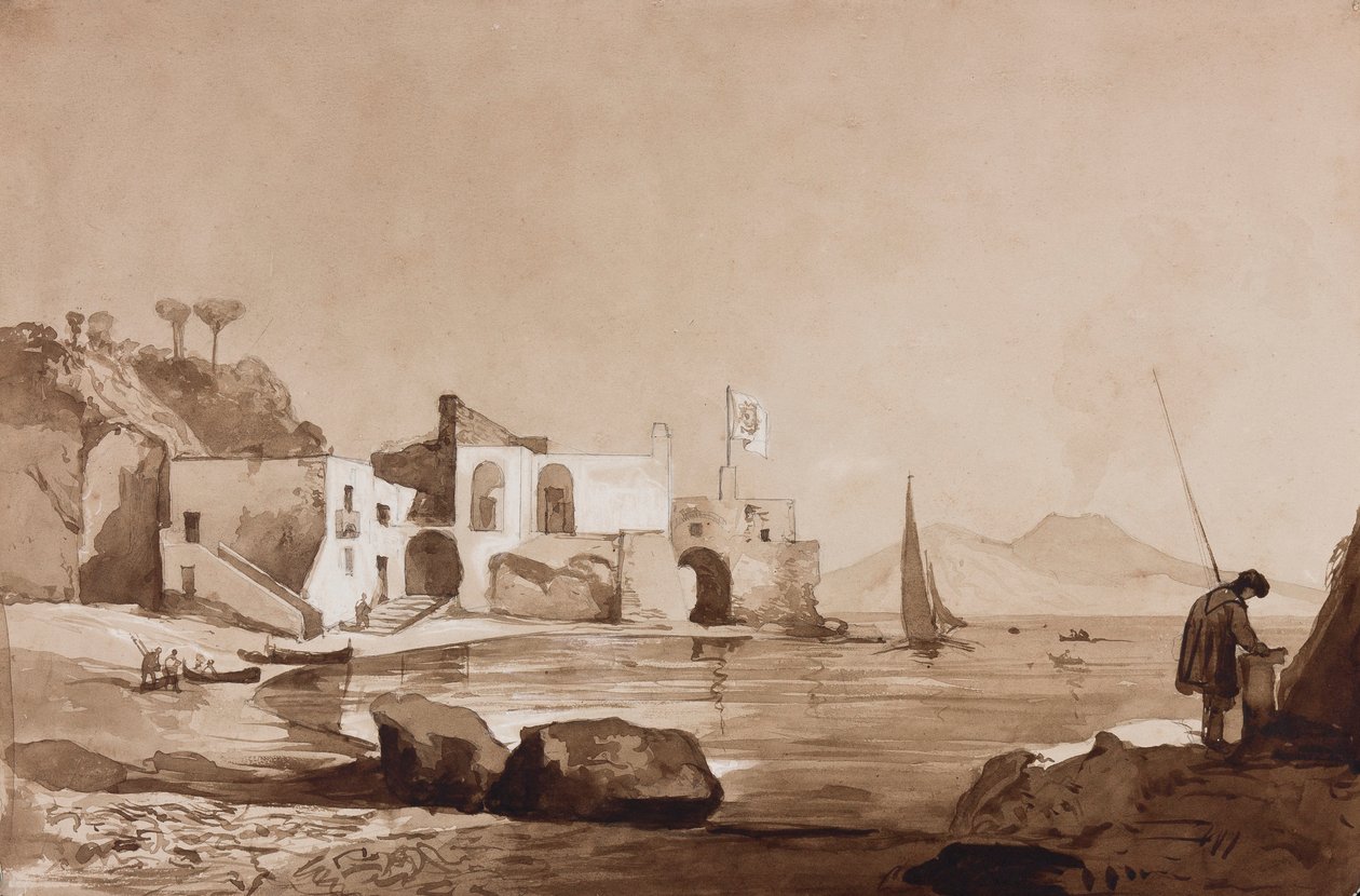A Borbone zászlót lobogtató kikötő délen a Vezúvmal, egy borboni tanítvány kiegészítésével (ceruza, szépia mosás és gouache papíron) alkotó: Achille Vianelli