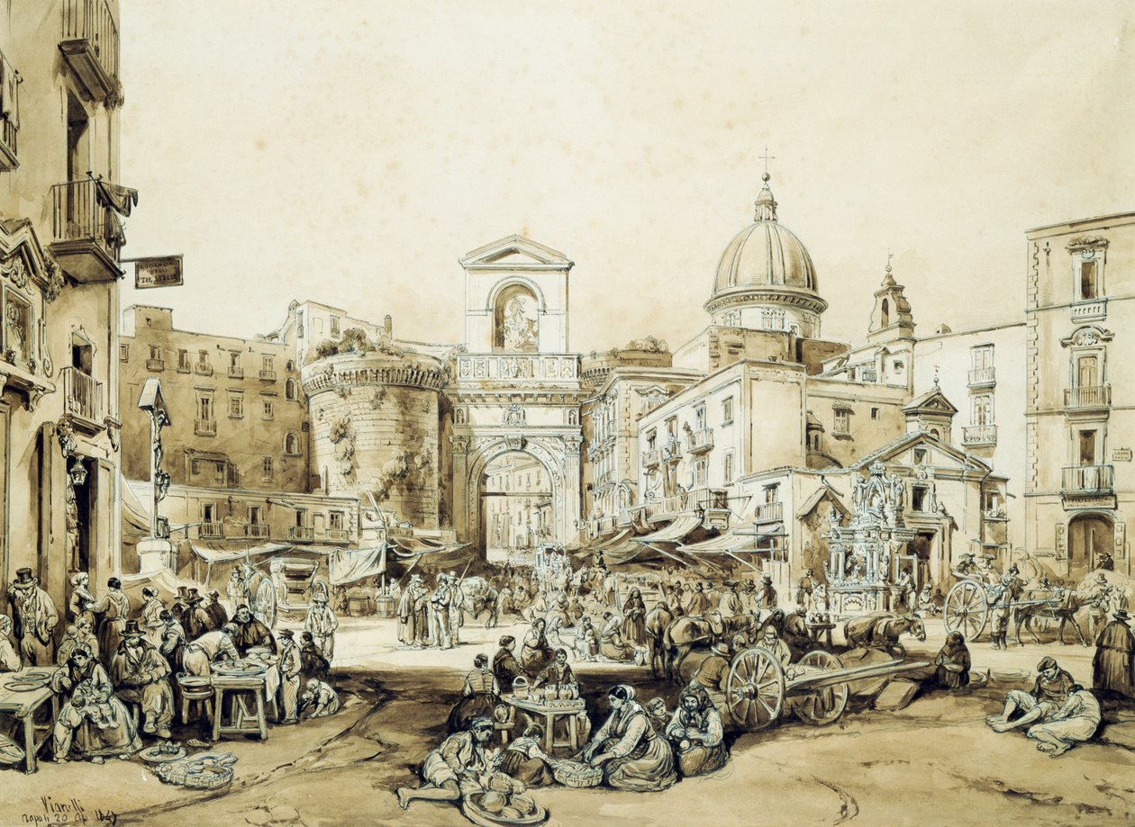 Porta Capuana Nápolyban, Achille Vianelli (1803-1894), szépia, 43x60,5 cm alkotó: Achille Vianelli