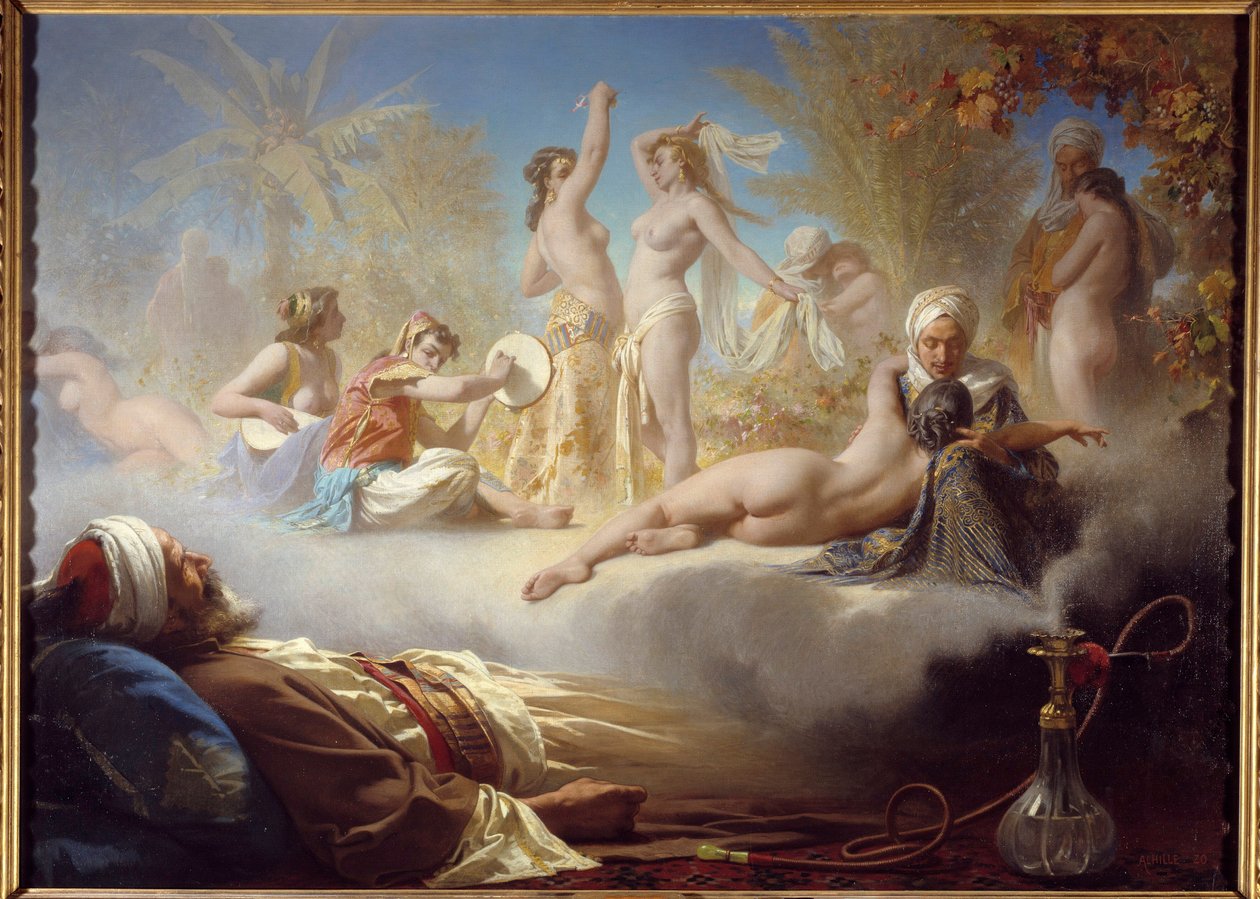 A hívő álma Egy muszlim aludt, miután elszívta a keleti táncosok narguile álmát. Achilles Zo festménye (1826-1901) 19. századi V. 1,04x1,58 m Bayonne, Musee Bonnat alkotó: Achille Zo