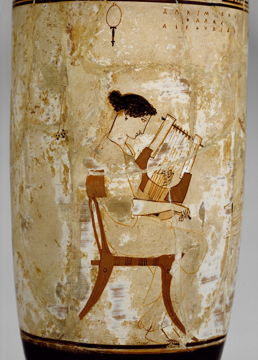 Padlás, fehér alapon lekythos zenésznők képével, Kr.e. V. század alkotó: Achilles Painter