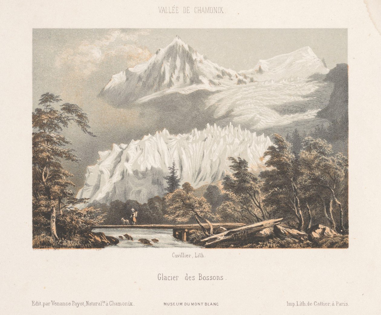 Zicht op de Mont Blanc vanaf de Col des Montets Kilátás a Mont Blanc-ra a Les Montets-ból. Út Martigny felé (cím az objektumon) Herinnering in Chamonix-Mont-Blanc (sorozat címe) Mont-Blanc Múzeum (a sorozat címe a tárgyon) alkotó: Ad. Cuvillier